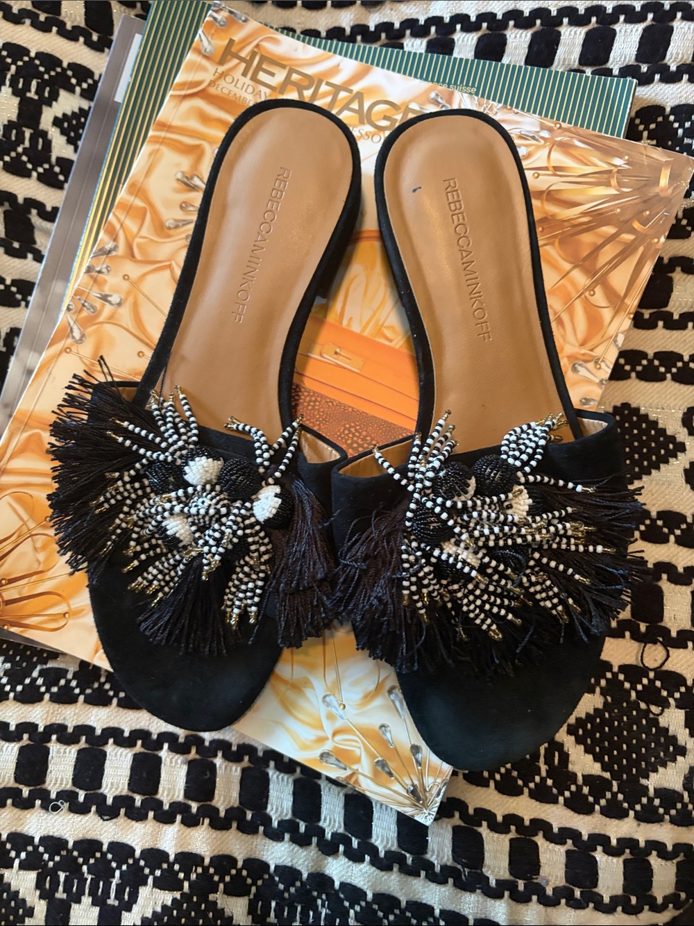 Rebecca Minkoff Black Beaded Tassel Mule Slides